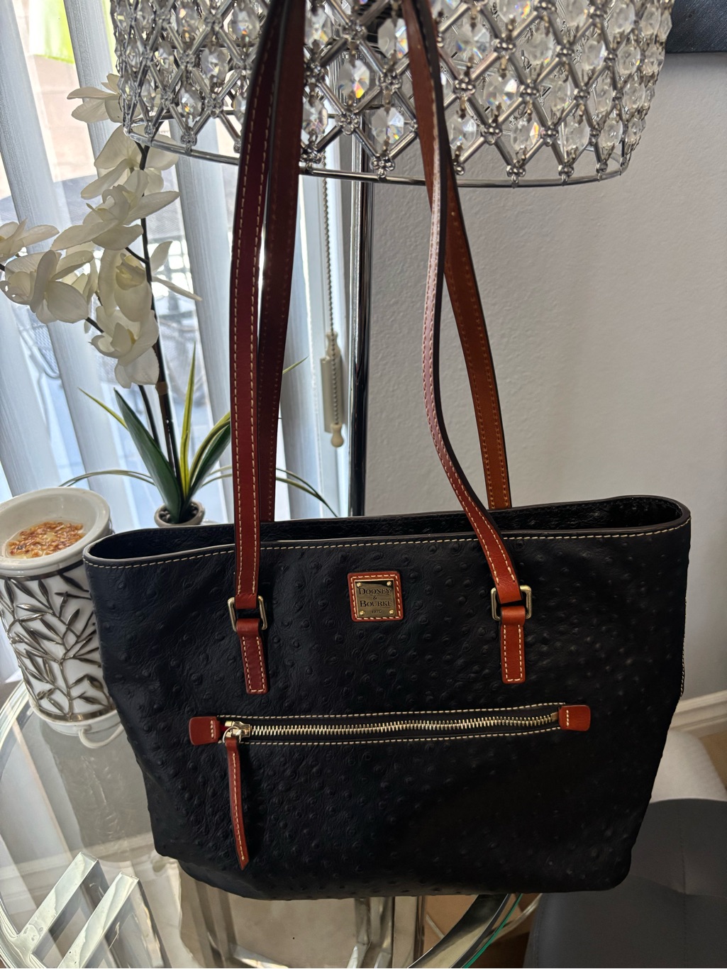 Dooney & Bourke Black Tote With Brown Leather Straps